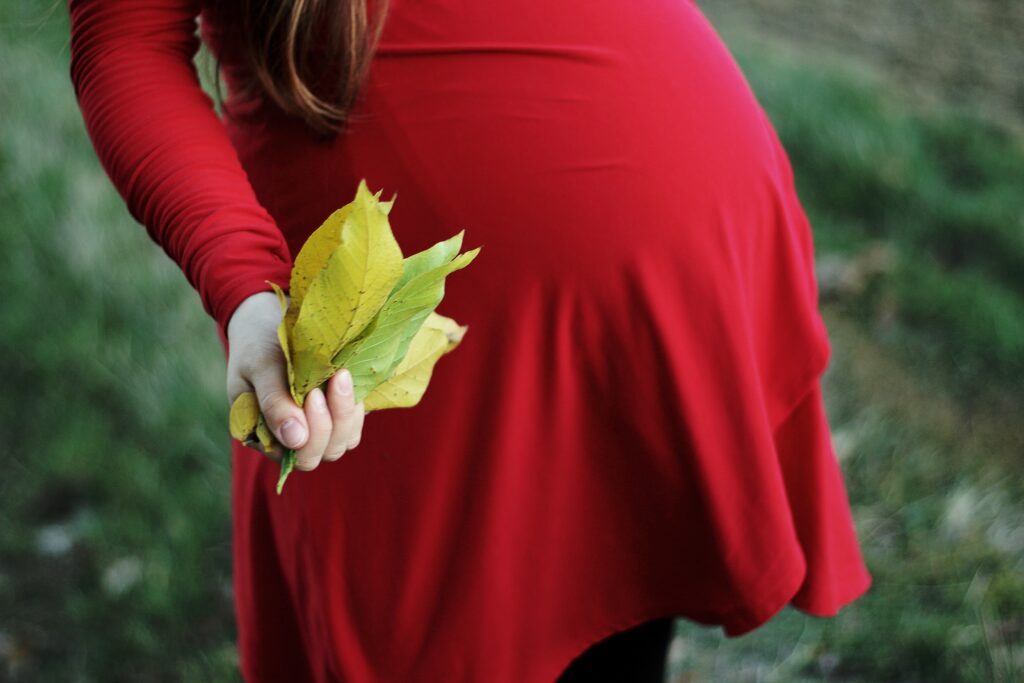 孕妇拿着一把树叶的照片